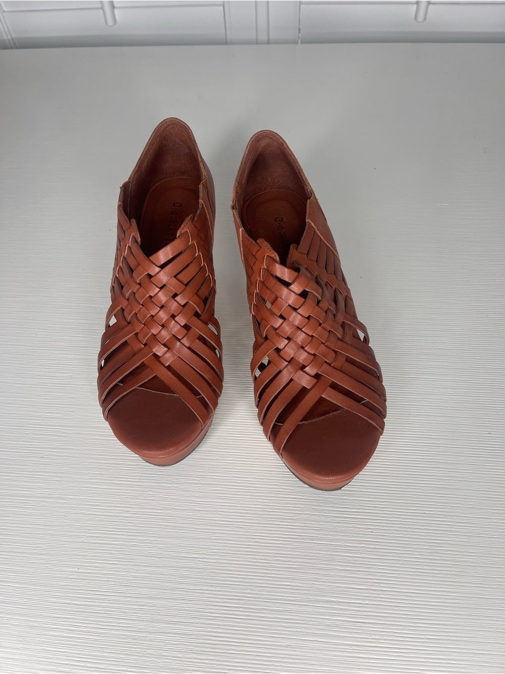 Chocolat Blu Woven Leather Cork Wedge Sandals - Cognac - Picture 2 of 8